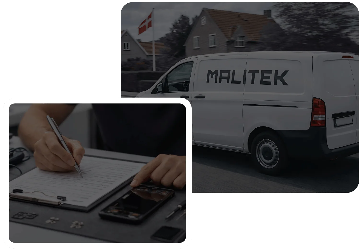 Malitek-tekniker ankommer med værktøjskuffert til en erhvervskunde, klar til on-site telefon- og tabletreparation