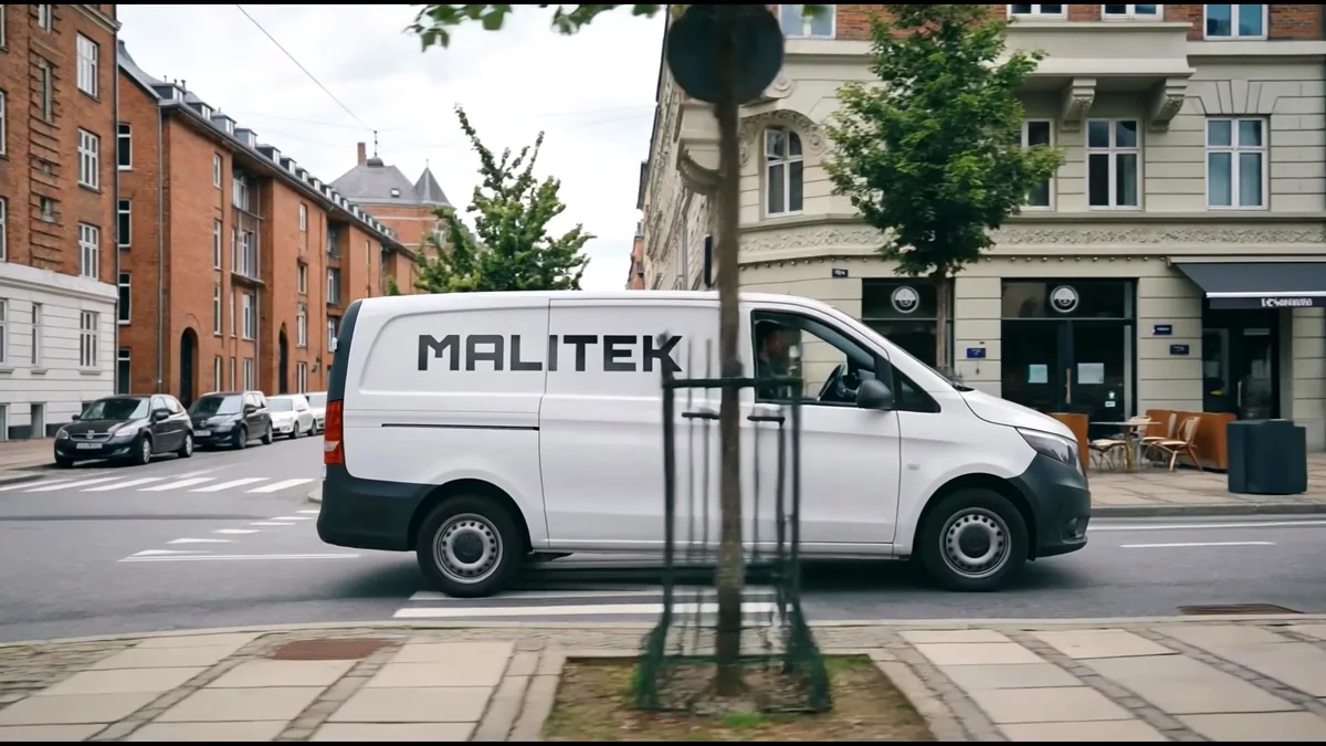 MALITEK servicebil holder på en brolagt gade i København